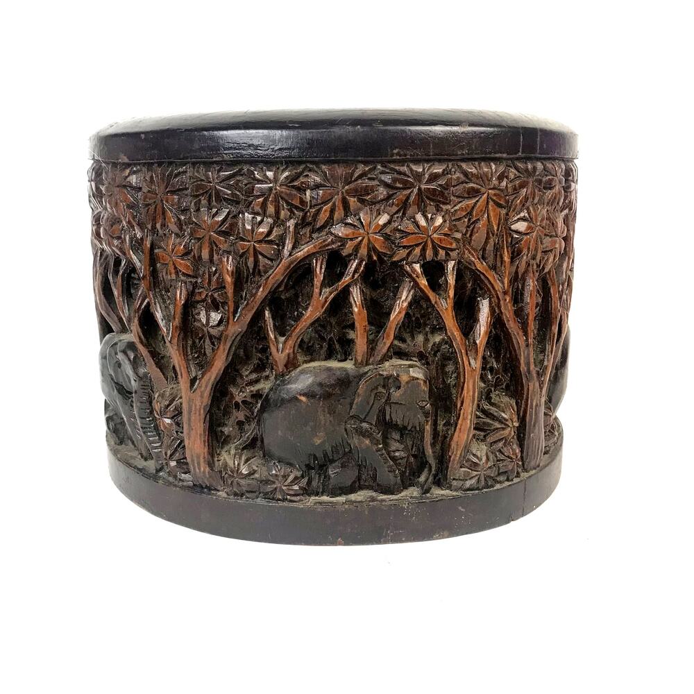 Vintage Carved Wood Elephant Forrest Scene Bowl